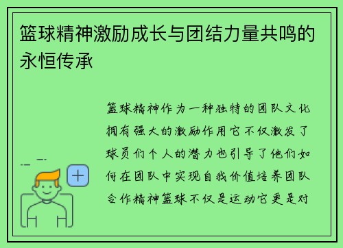 篮球精神激励成长与团结力量共鸣的永恒传承