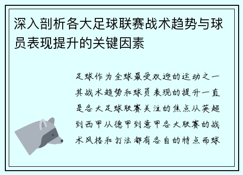 深入剖析各大足球联赛战术趋势与球员表现提升的关键因素