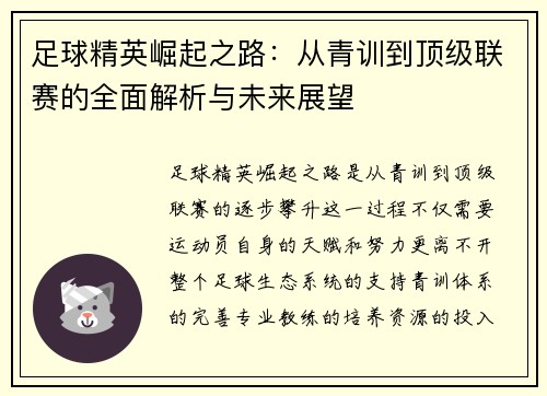 足球精英崛起之路：从青训到顶级联赛的全面解析与未来展望
