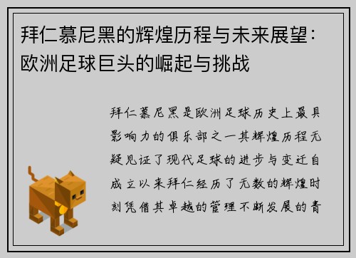 拜仁慕尼黑的辉煌历程与未来展望：欧洲足球巨头的崛起与挑战