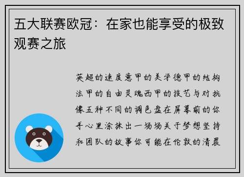 五大联赛欧冠：在家也能享受的极致观赛之旅
