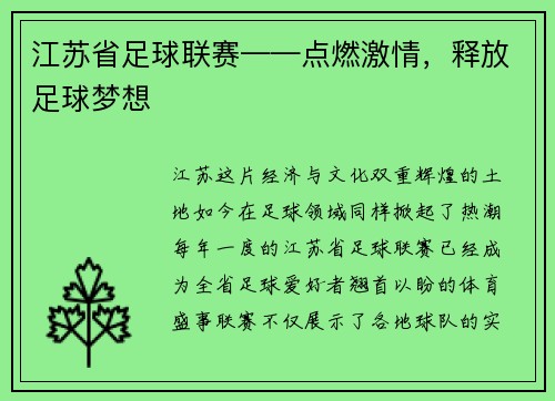 江苏省足球联赛——点燃激情，释放足球梦想