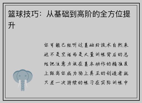 篮球技巧：从基础到高阶的全方位提升