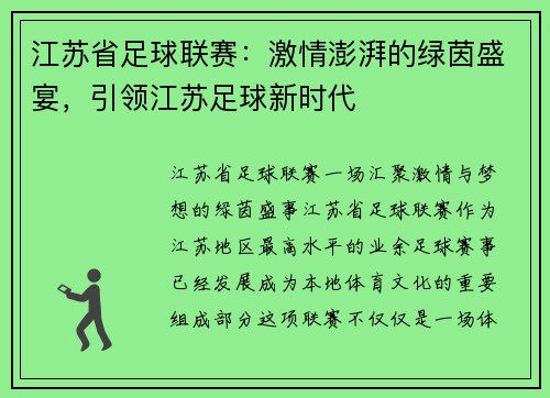 江苏省足球联赛：激情澎湃的绿茵盛宴，引领江苏足球新时代